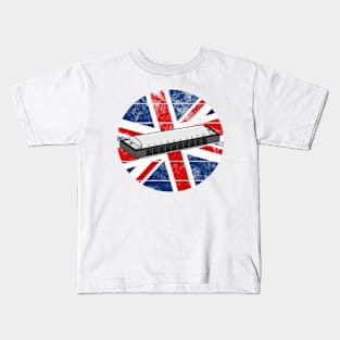 Harmonica UK Flag Britain Harmonicist British Musician Kids T-Shirt